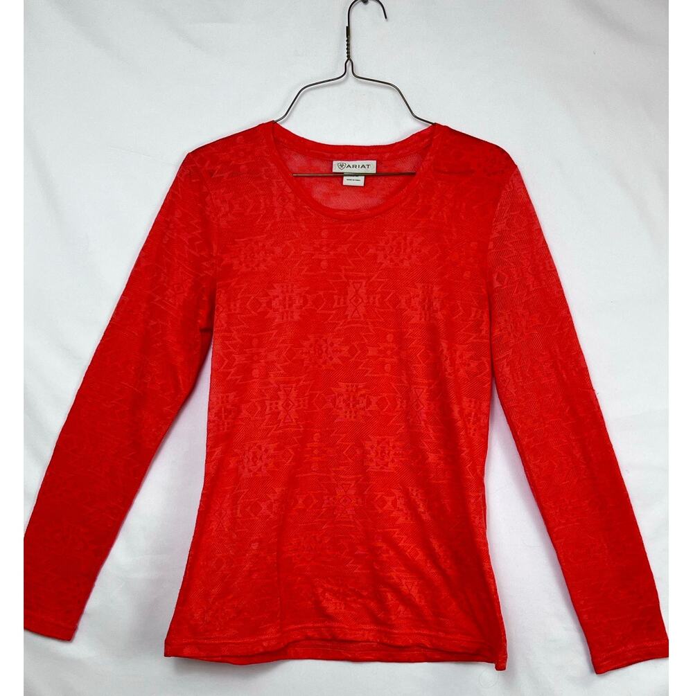 Ariat Women's Size Med Orange Burnout Long Sleeve Pullover Lightweight Shirt